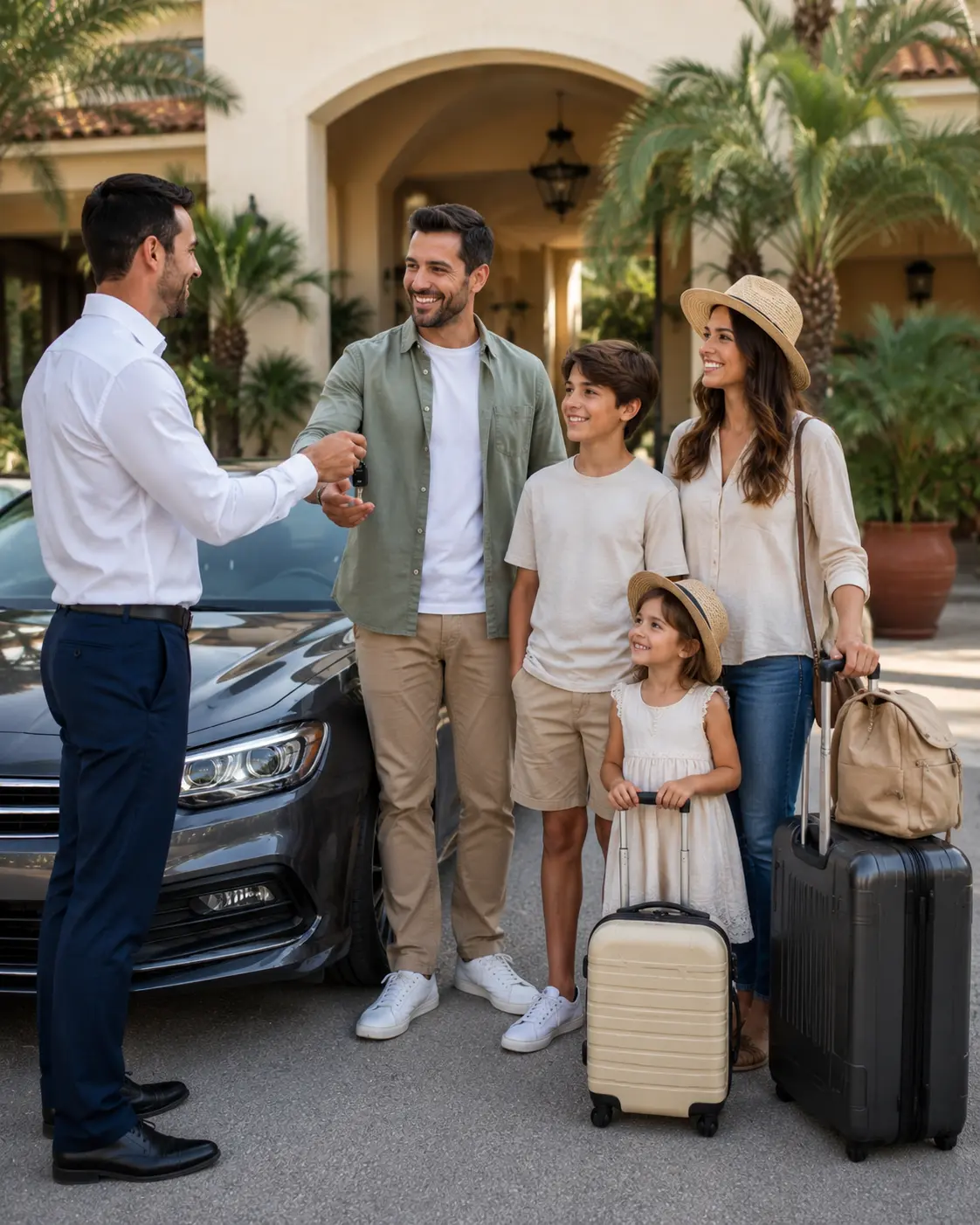 Agent handing car keys to a family at their hotel