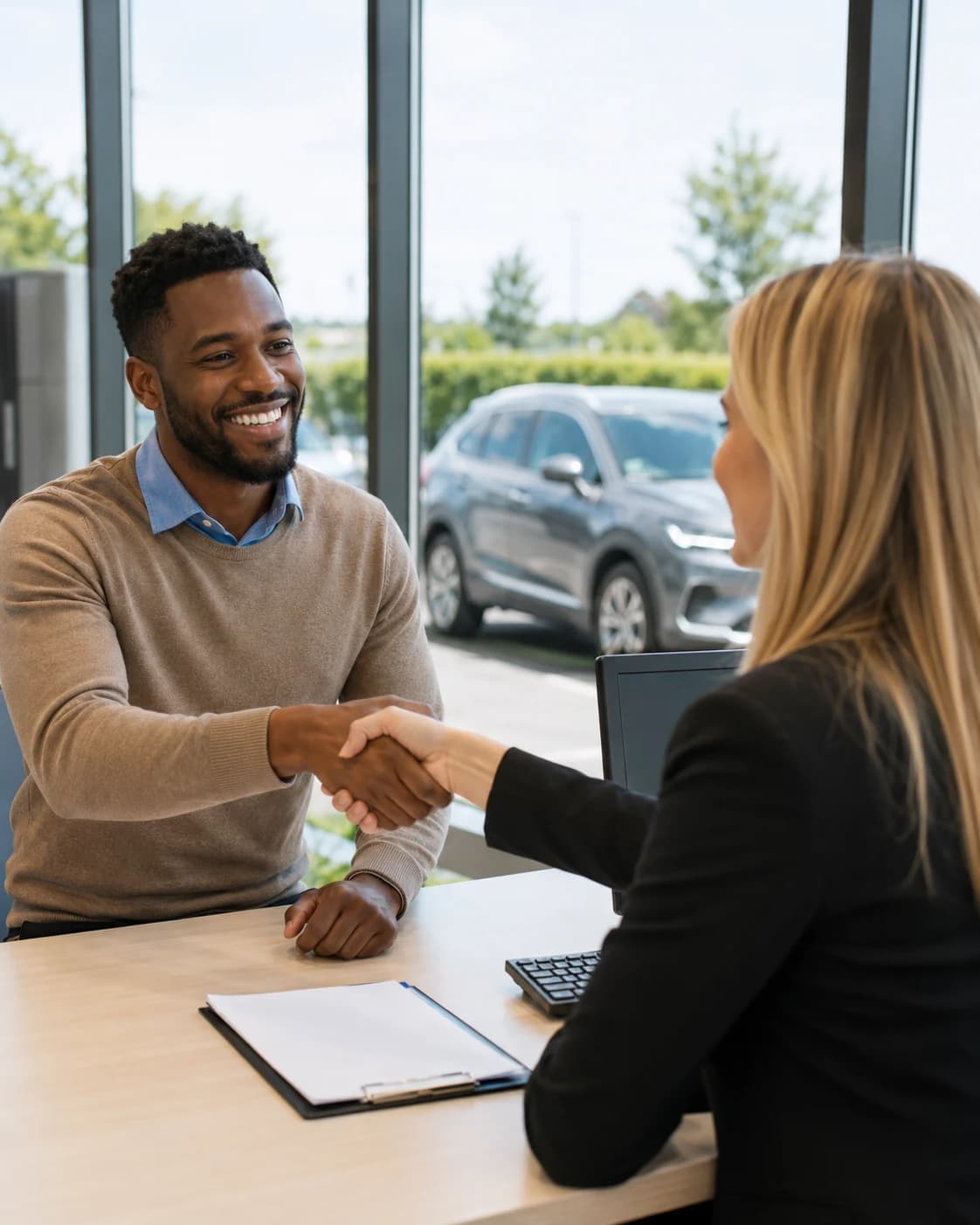 Customer closing a fair, transparent deal at the desk