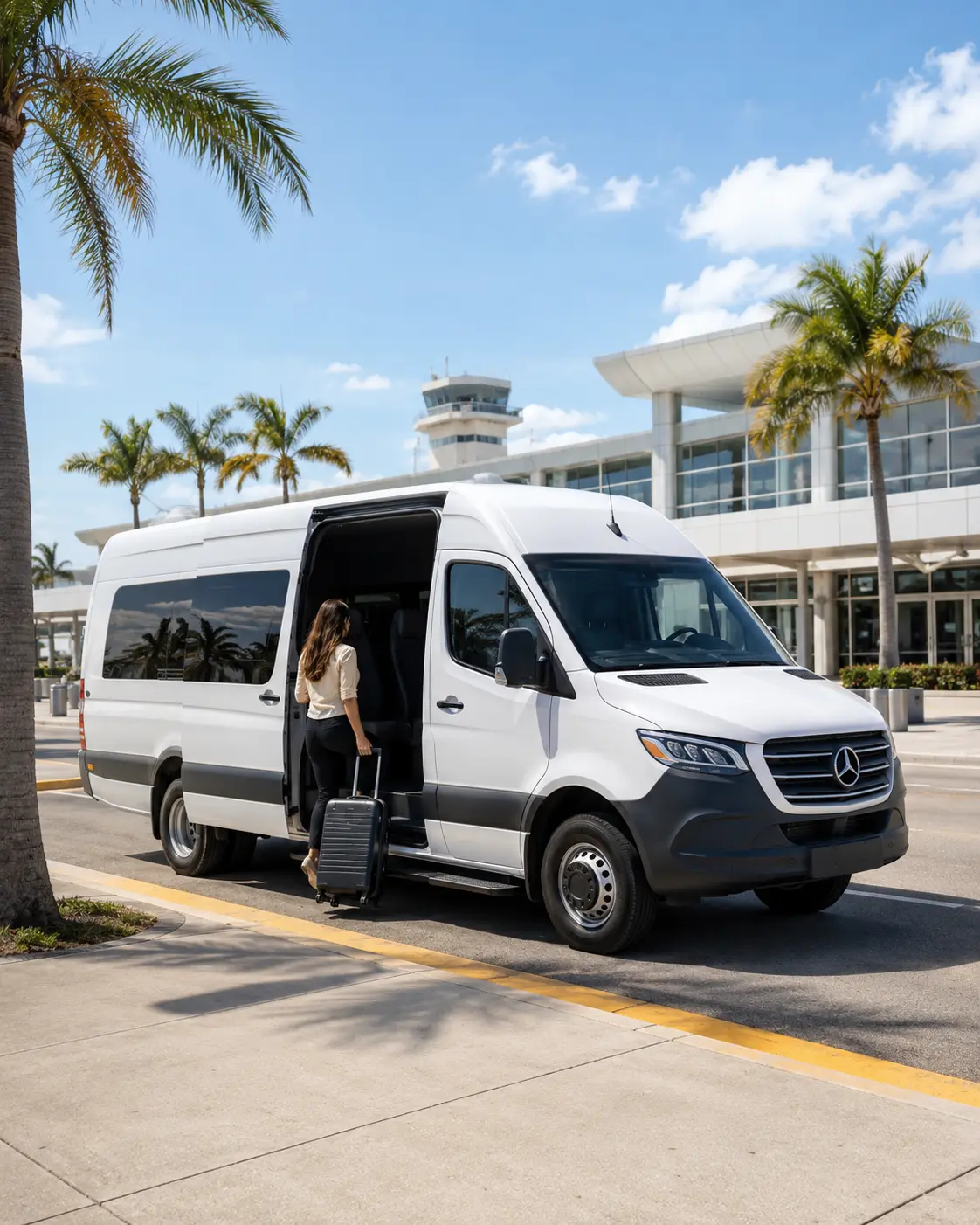Free airport shuttle van picking up a traveler at the terminal