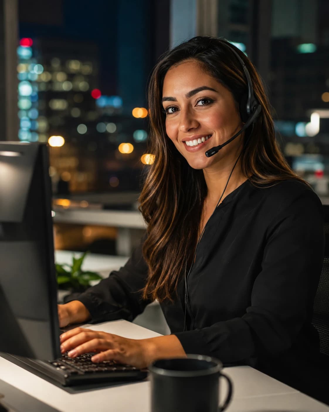 Support agent with a headset, available around the clock